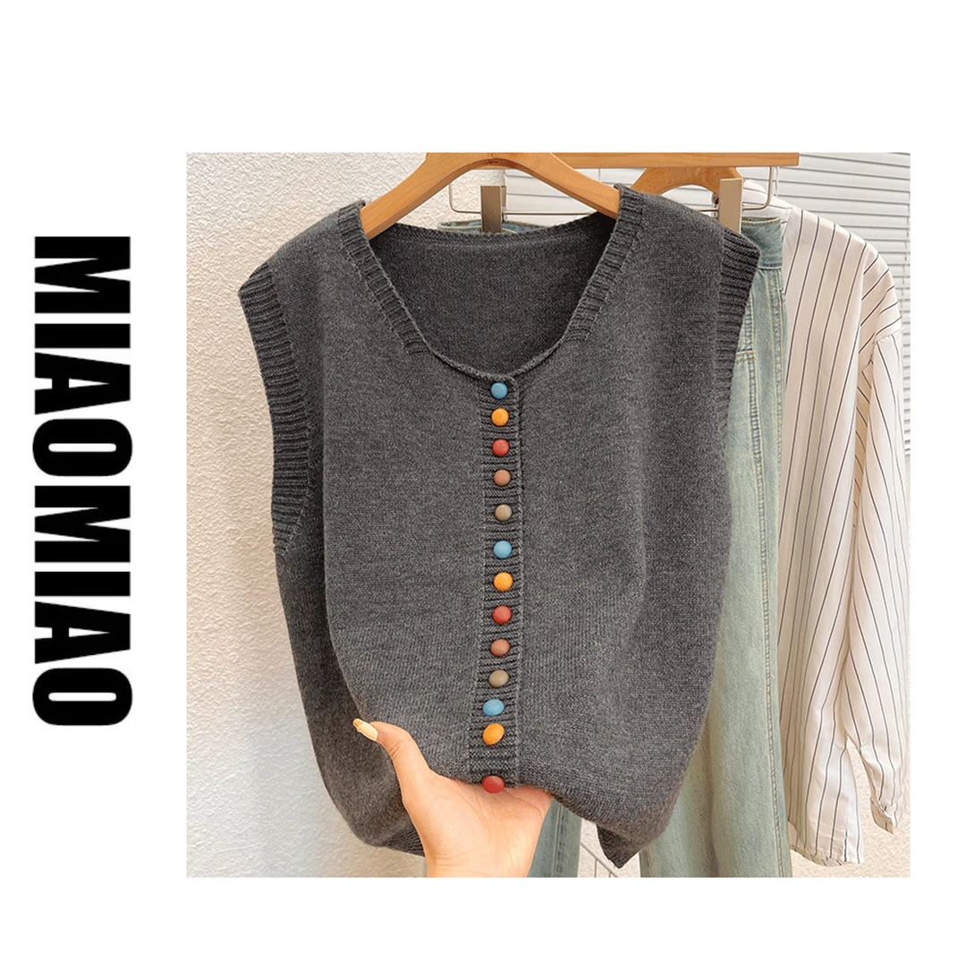 【苗苗】933韩系圆领单排扣针织马甲女秋新款宽松减龄软糯百搭时尚