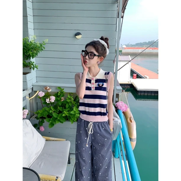 【赵小小yimao】6387 韩系风复古条纹翻领背心针织衫小众冰丝上衣女