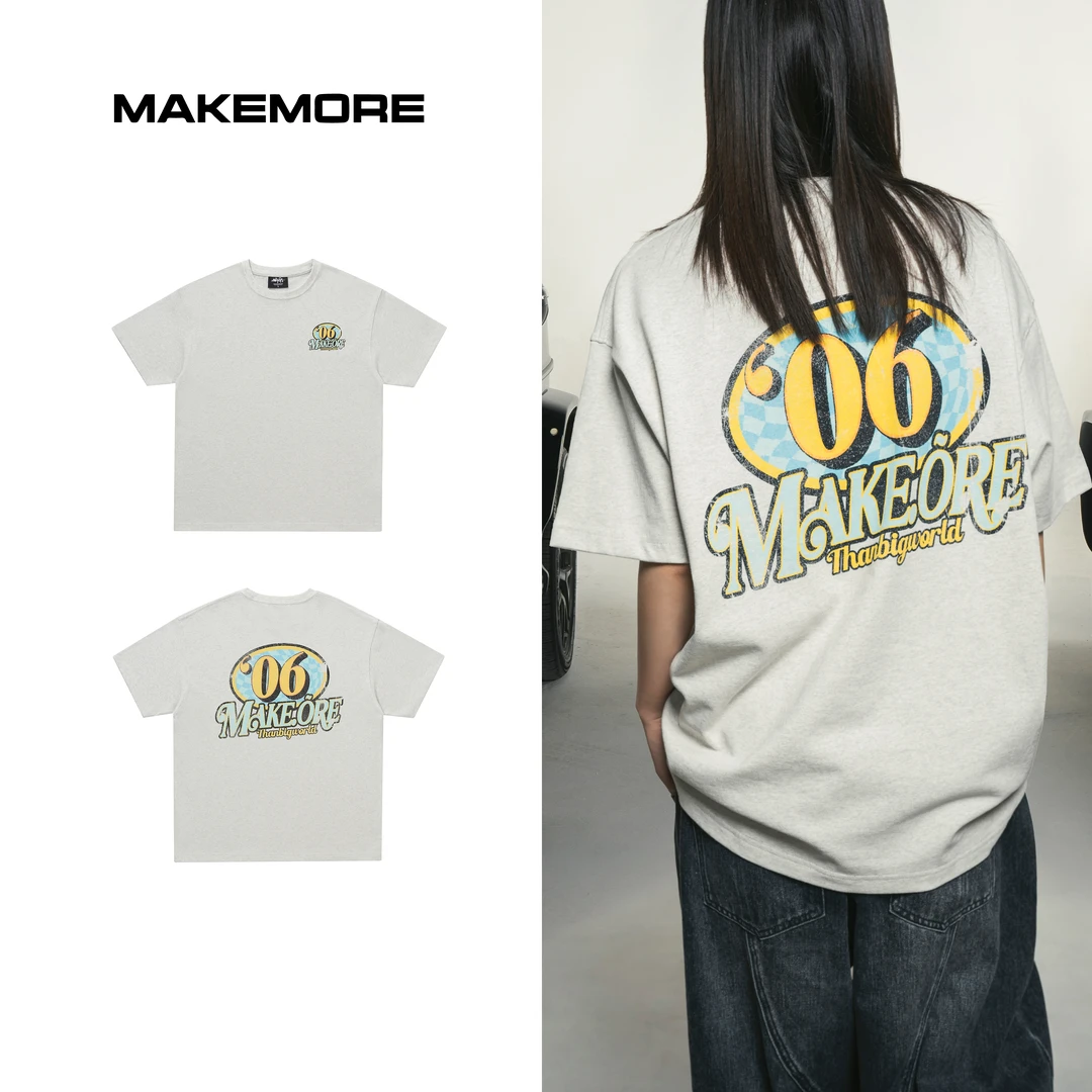 Makemore短袖t恤男花灰纯棉美式06宽松高级复古圆领情侣装半袖女