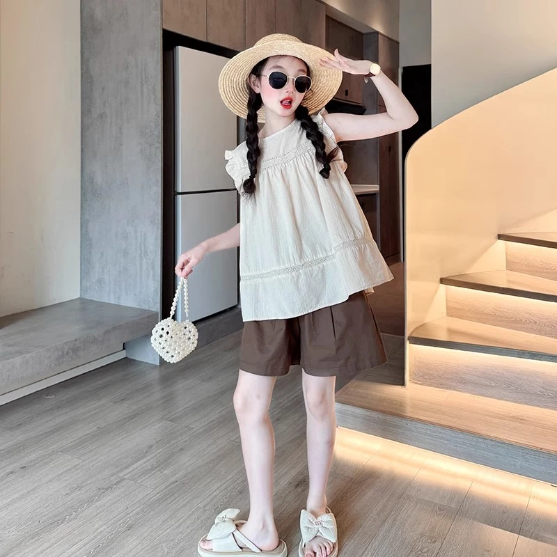 女童夏装套装2025新款儿童洋气无袖上衣中大童夏季薄款短裤两件套