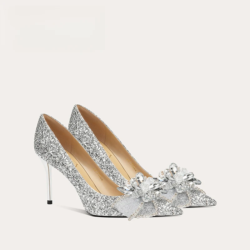 2025新款婚宴鞋新款秀禾婚纱新娘鞋水晶伴娘法式高跟鞋伴娘羊皮鞋