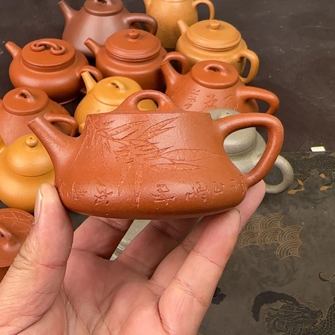 紫砂茶壶博***汇精挑红降坡础瓢刻绘竹子150cc