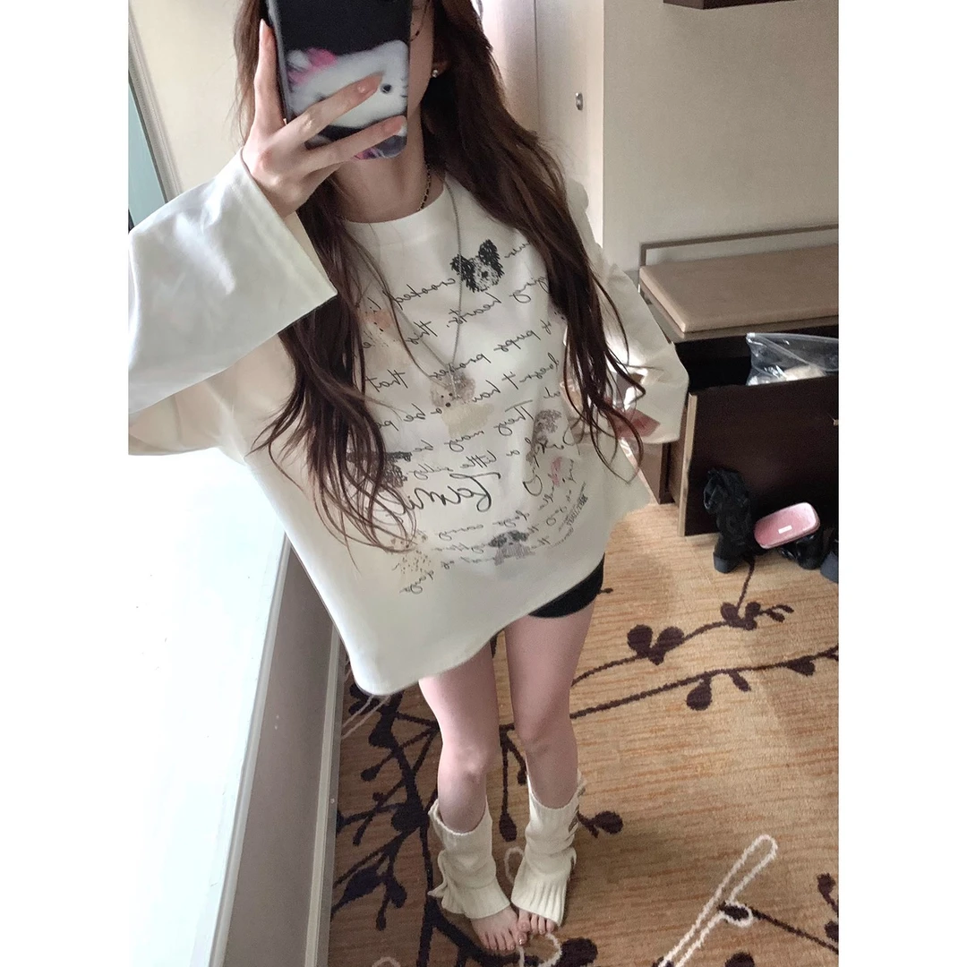 小狗插画家 百搭休闲手绘印花小狗T恤女秋季圆领宽松显瘦长袖上衣