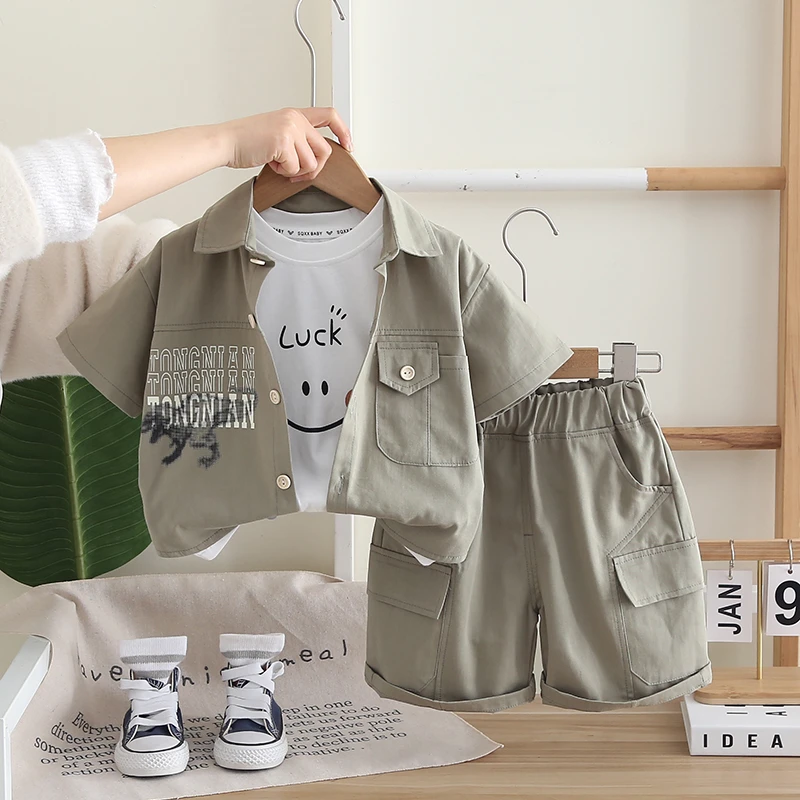 男宝宝夏装套装洋气男童夏季帅气工装短袖衬衫三件套小童婴儿童装