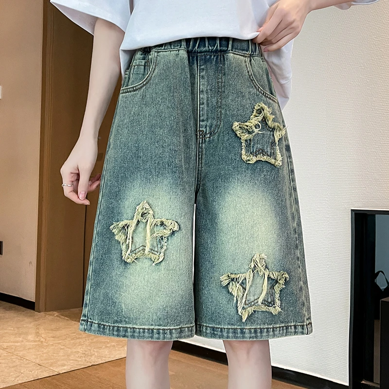 夏季薄款胖mm大码松紧腰牛仔短裤女高腰阔腿五分裤复古风休闲百搭