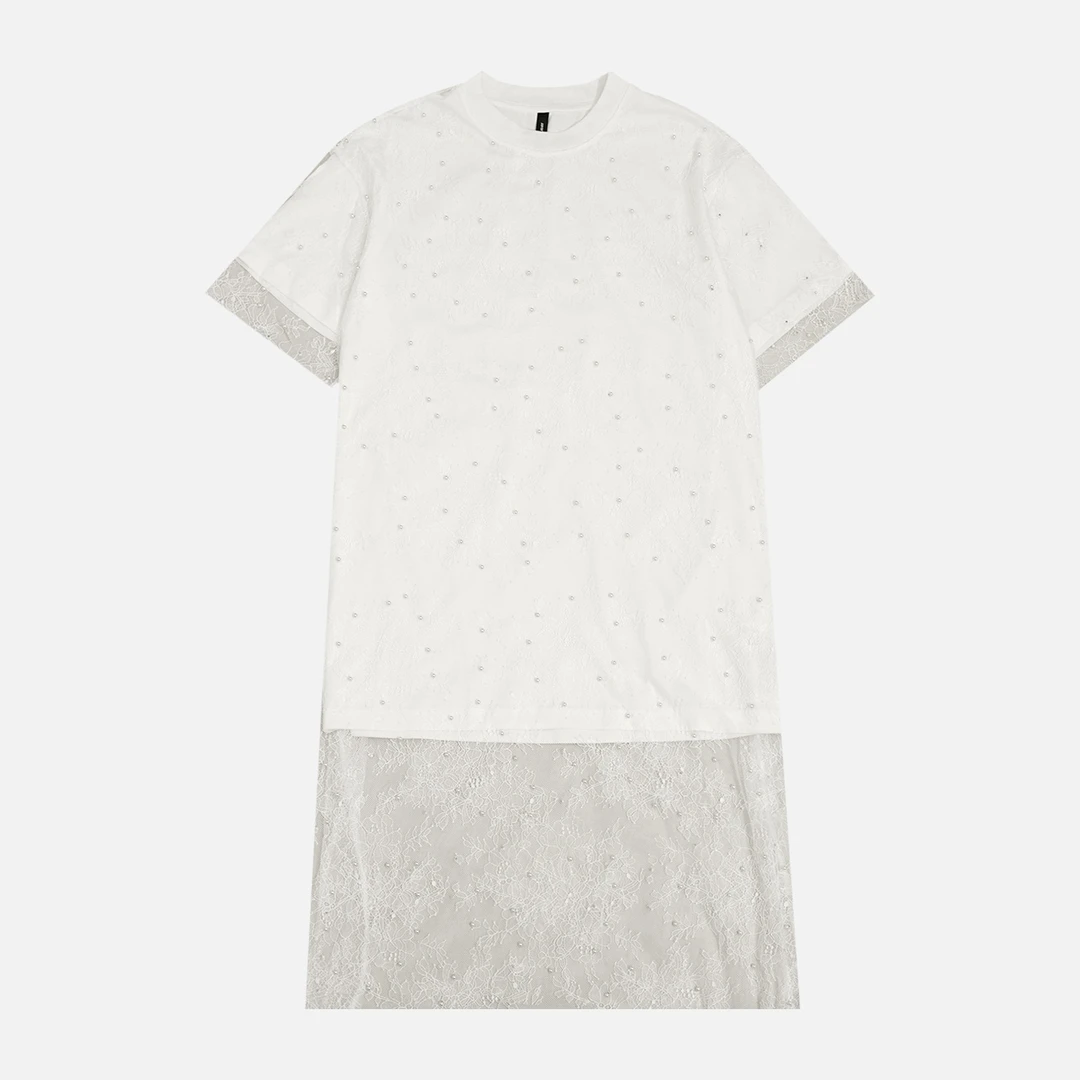 GGAHOLIDAY夏季休闲复古宽松潮流百搭蕾丝拼接T恤连衣裙-152535