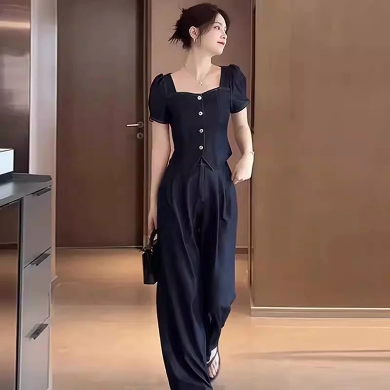 2025夏季新品薄款时尚气质短袖上衣牛仔高腰直筒裤休闲两件套装女