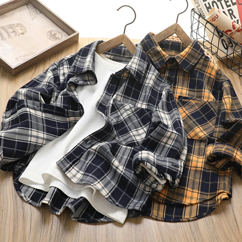 男童格子衬衫春秋新款中大童长袖衬衣儿童装洋气韩版休闲翻领潮