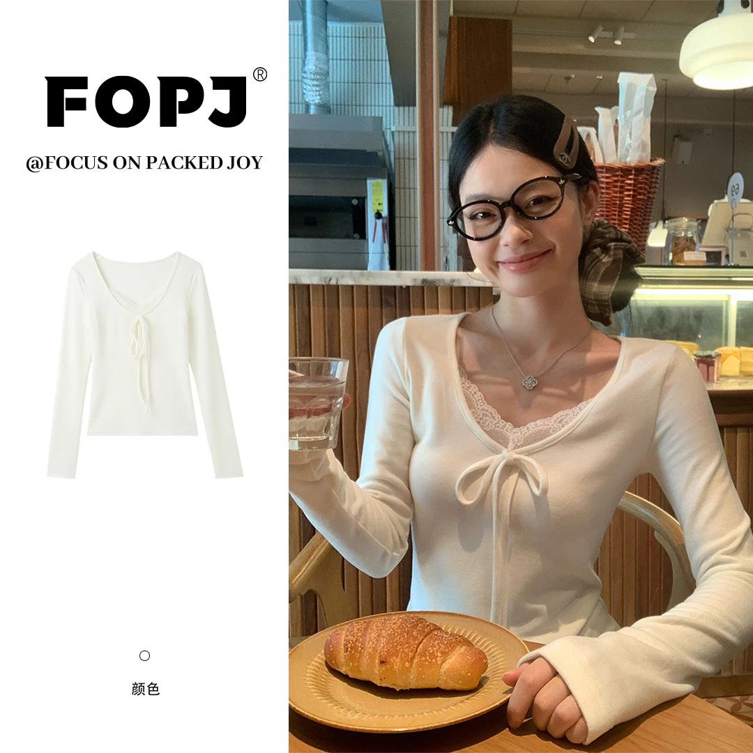 FOPJ韩系绑带蕾丝花边v领德绒内搭打底衫女秋冬设计感t恤修身上衣