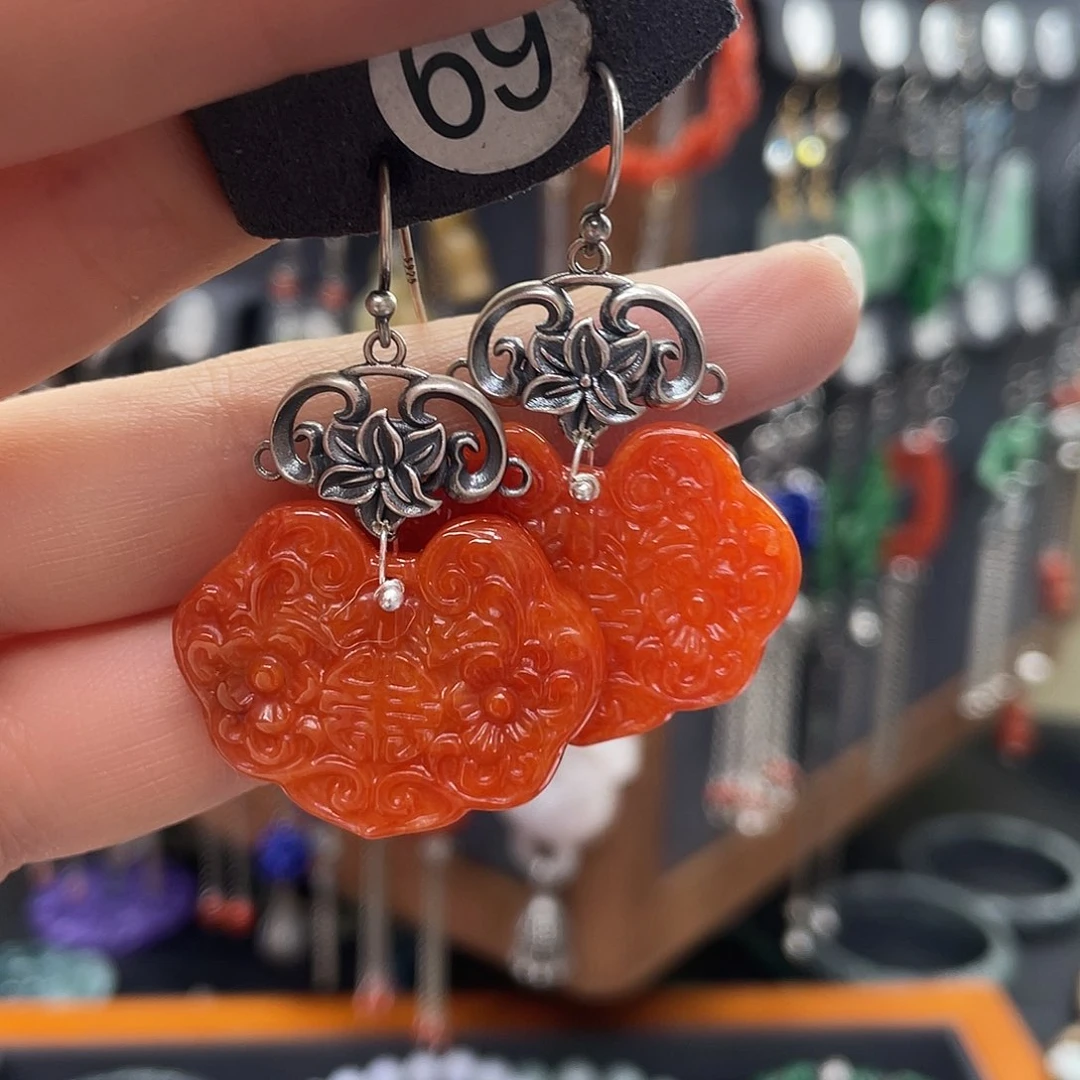 翡翠耳饰银S925镶嵌金****舞.340gbngghg