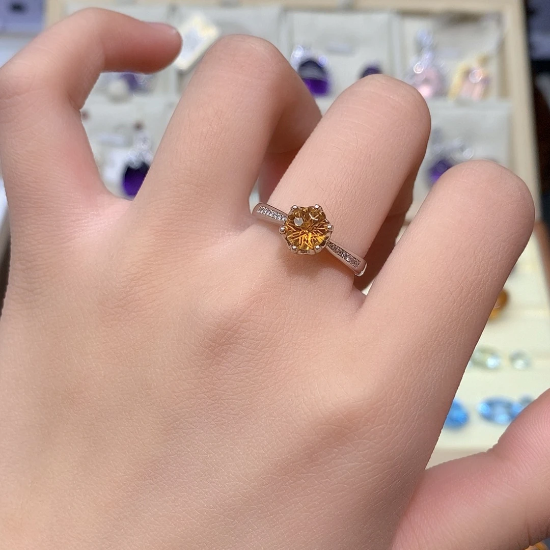 黄晶珠宝半成品银S925镶嵌纯天然黄水晶戒指x