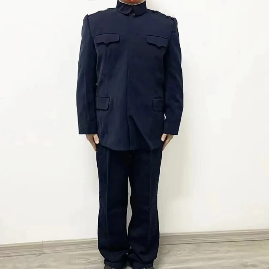 藏蓝色胶木扣老马裤呢套装中老年爸爸大码宽松军绿色秋冬春秋冬季