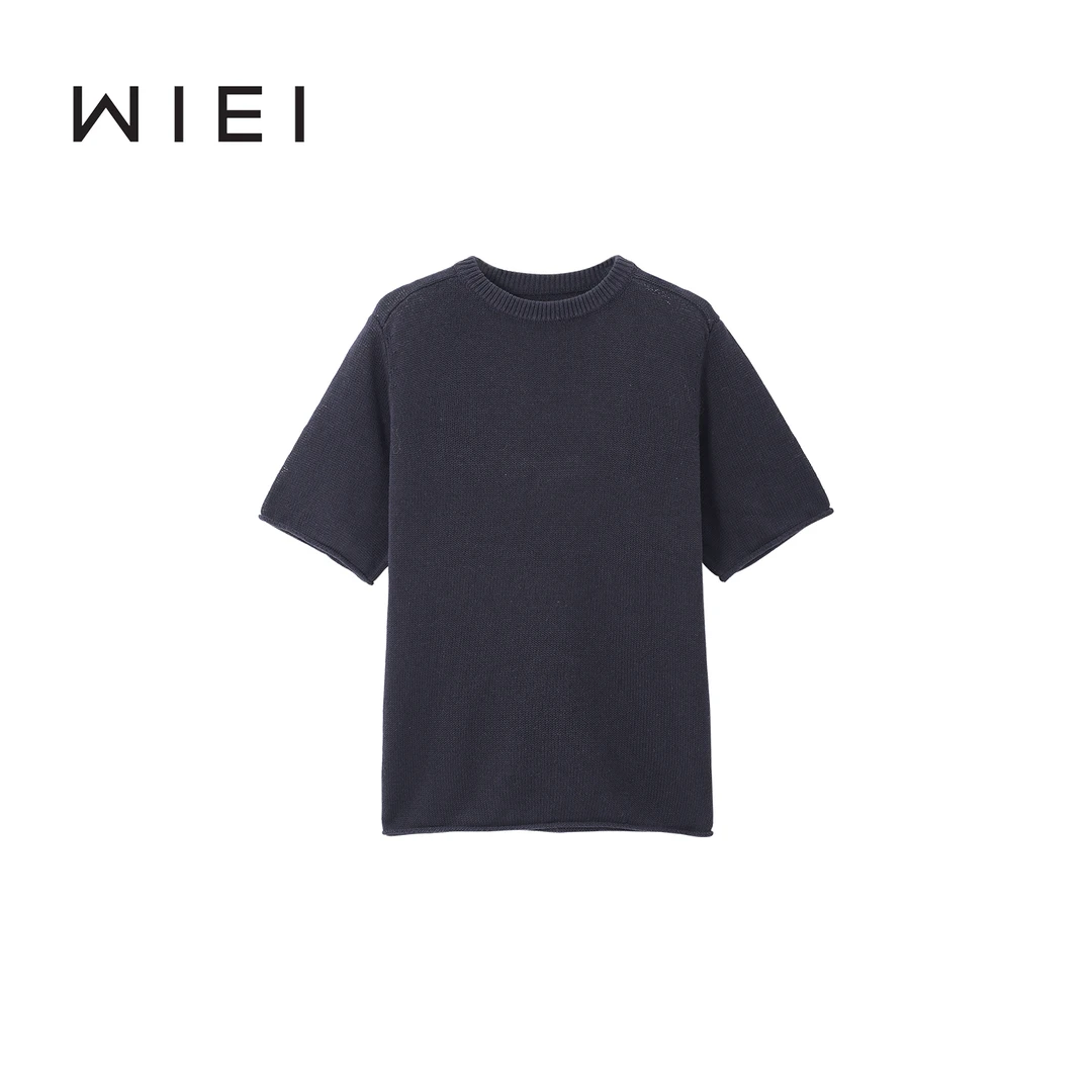 《WI EI》艺术感小卷边*篙端進口凉感亚麻纸片人针织短袖W25209078