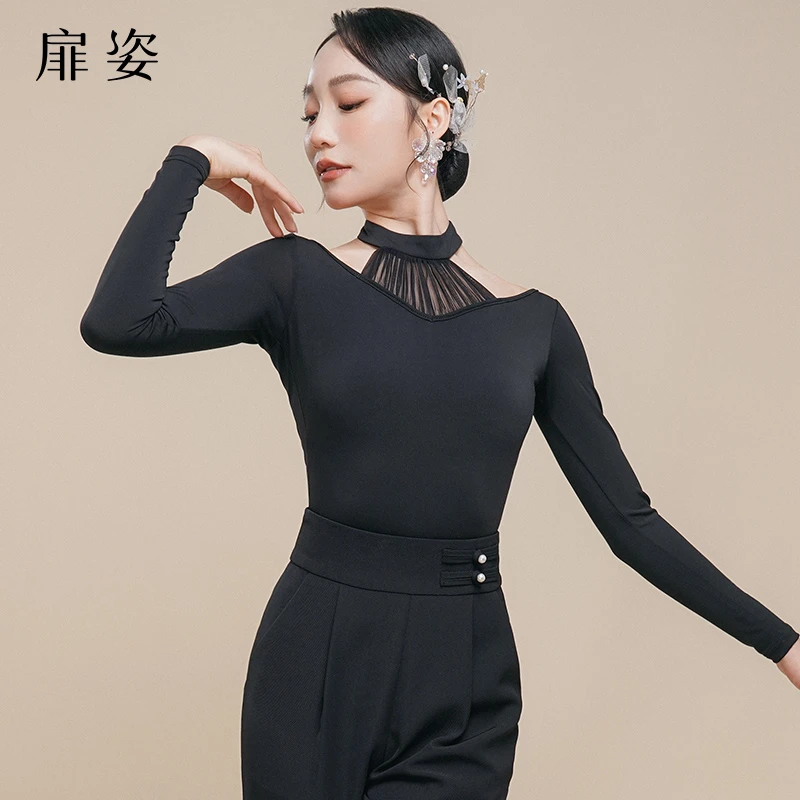 扉姿 摩登舞上衣女春季国标舞服连体衣舞蹈练功服长袖跳舞衣F1232