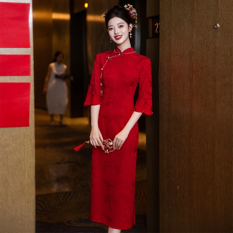 旗袍敬酒服酒红色结婚回门2025新款新中式婚服订婚小礼服裙女春季