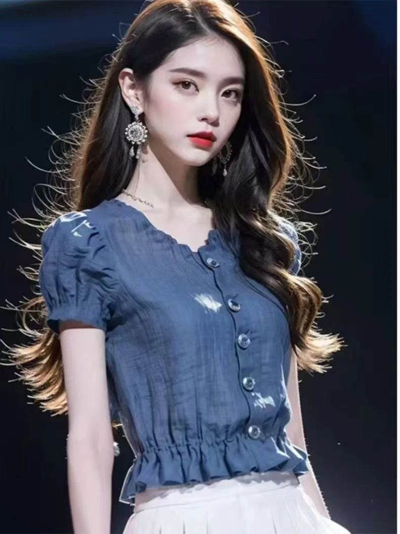 蓝色短袖衬衫女夏季短款洋气卡腰小衫时尚时髦法式高级感雪纺上衣