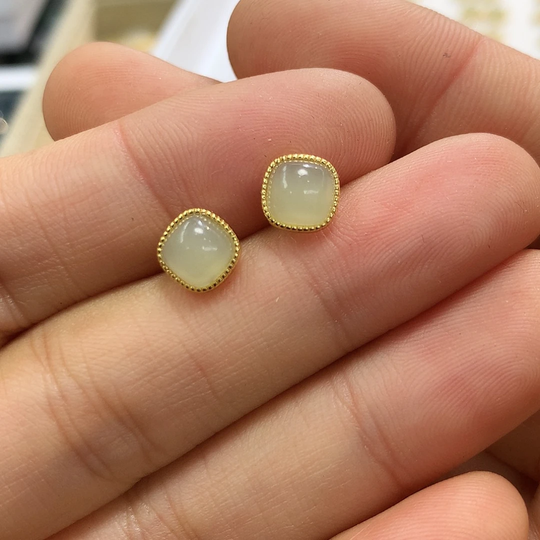 银S925镀金镶嵌和田玉（青白玉）耳饰