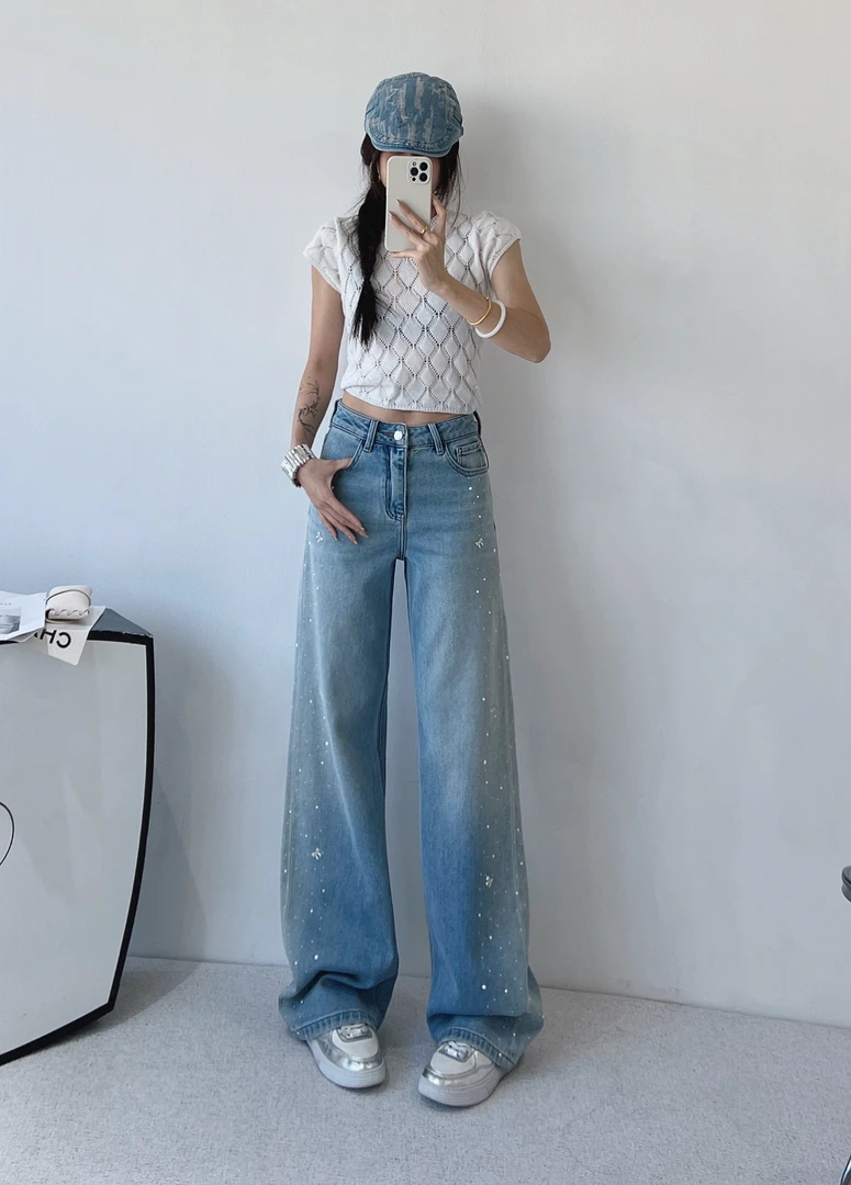 高腰显瘦修身水洗时尚直筒薄款牛仔裤