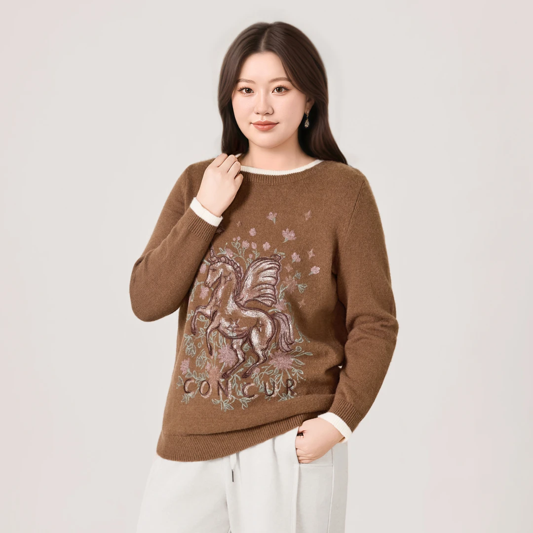 【18北极绒】MsShe大码女装2025冬重工印花刺绣宽松厚毛衣B2509052