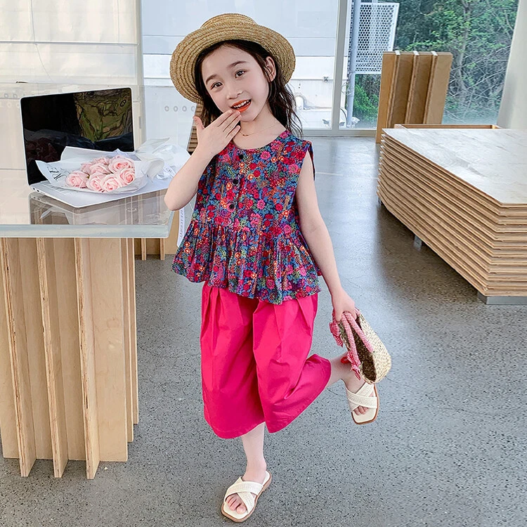 洋气韩版套装夏季网红小童无袖碎花时髦套头薄款上衣女韩版阔腿裤
