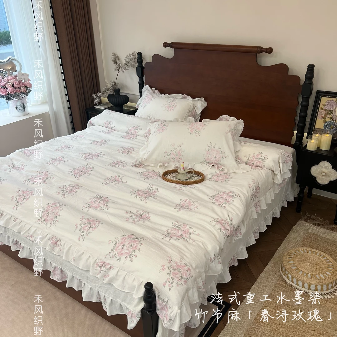 【禾风织野-春浔玫瑰】亚麻法式重工墨染四件套竹节麻棉麻套件