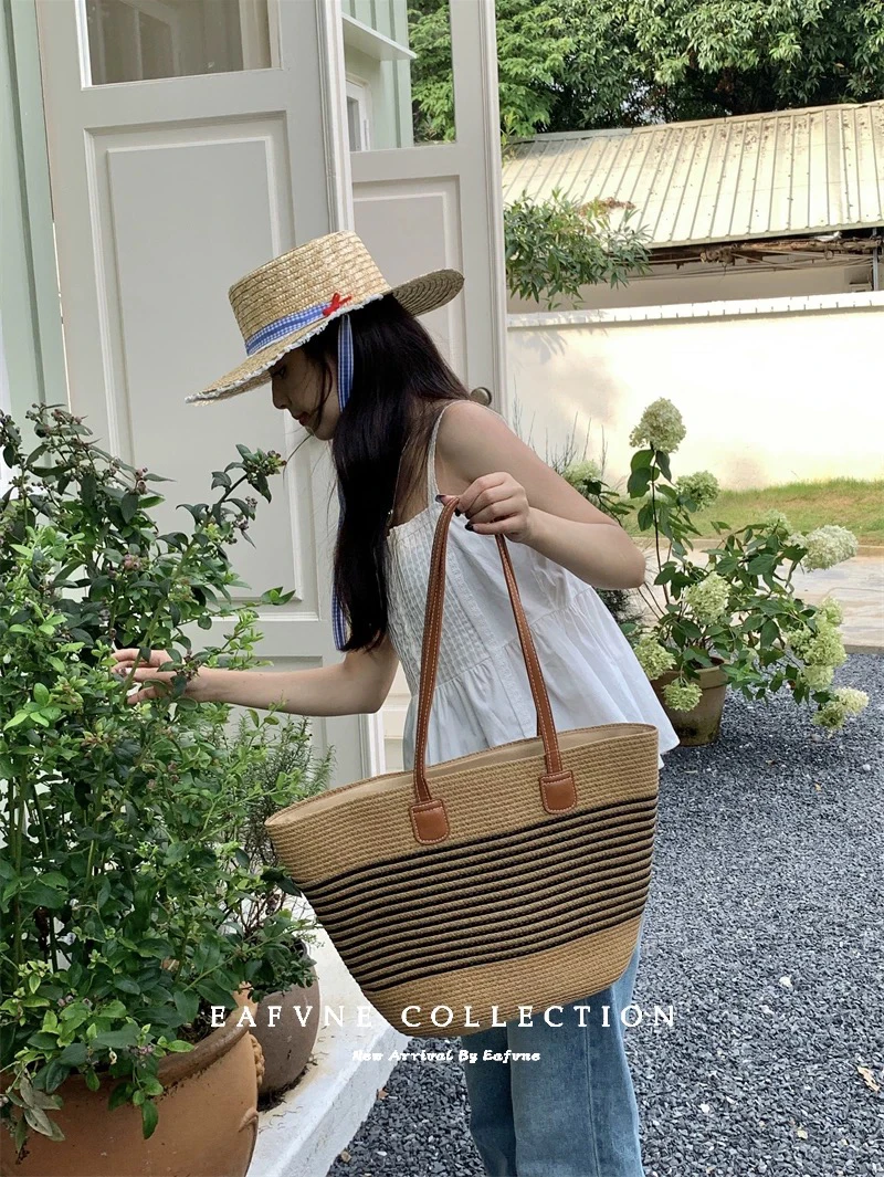 法式单肩草编出游度假大容量托特简约条纹沙滩海边通勤