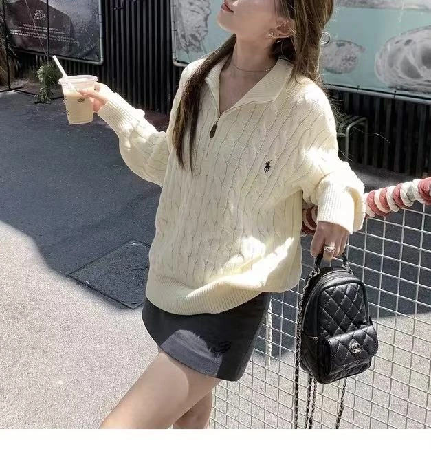 韩系老钱风翻领绞花毛衣女慵懒宽松百搭半拉链针织衫外套上衣8408