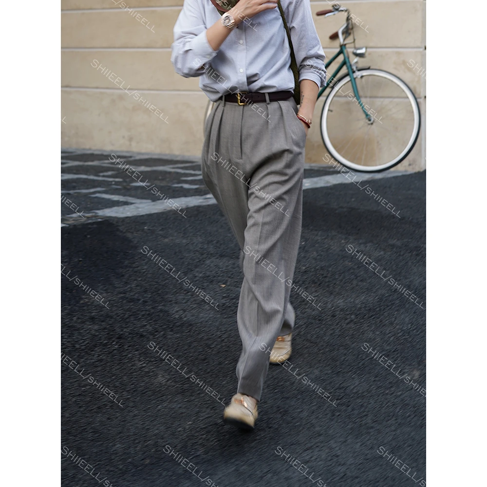 SHIIEELL【静奢老钱裤】老钱风棉质平纹裥褶锥形西装休闲裤ZT695