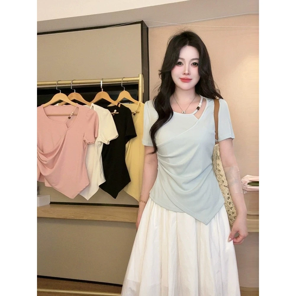 大码女装胖mm法式设计感不规则收腰短袖T恤女夏遮肉显瘦别致上衣