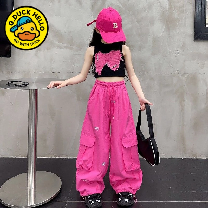 小黄鸭女童洋气工装裤夏季薄款美式裤子高腰爵士舞休闲长裤2025夏