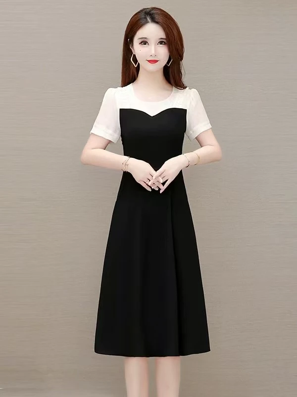 【W9569黑色拼接假两件】时尚百搭新款休闲时尚百搭洋气2025连衣裙