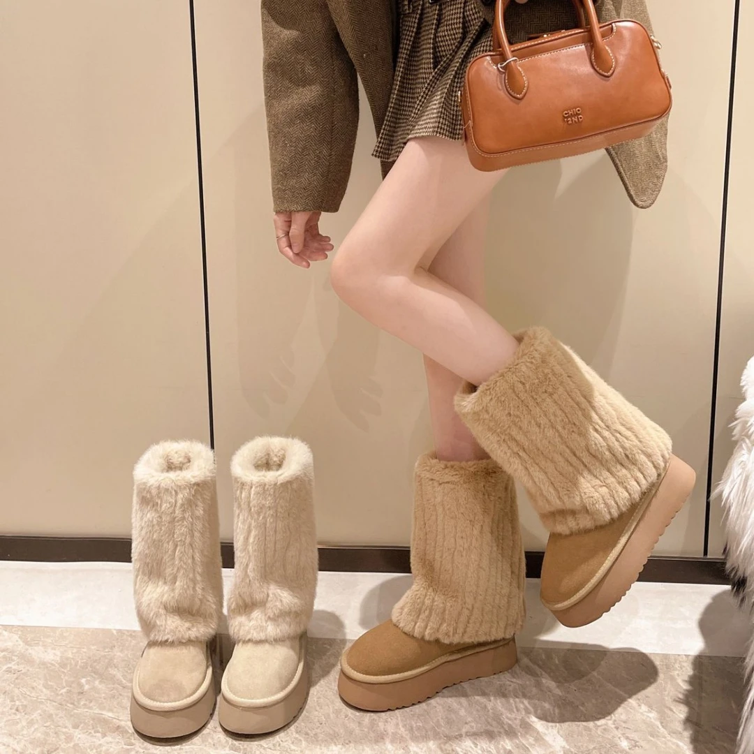 奶呼呼毛毛雪地靴女2025年冬季新款厚底中筒靴加绒加厚大棉鞋