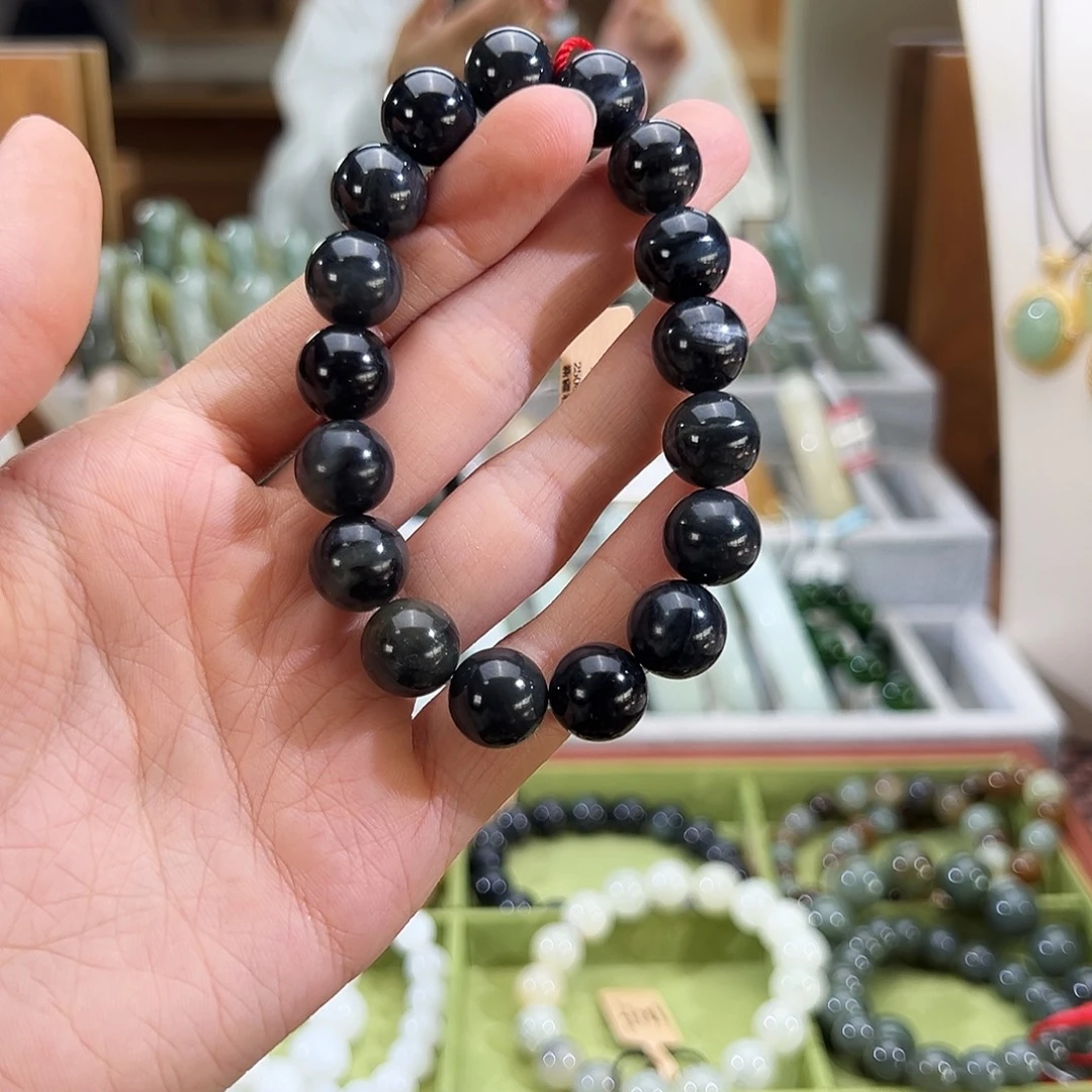 和田玉未镶嵌手串若羌料毛毛矿墨玉手串卡12