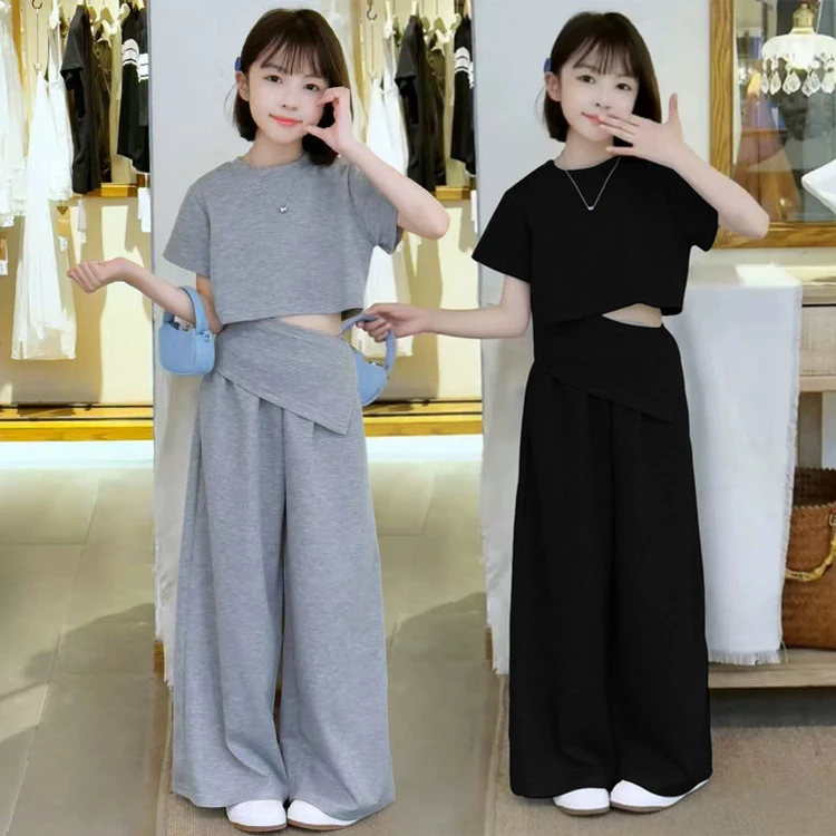 女童韩系炸街夏季套装休闲运动服设计感高腰阔腿裤两件套