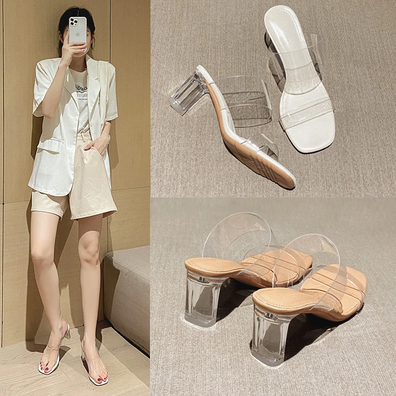 高跟低帮纯色胶粘一脚蹬时装凉鞋韩版百搭高跟鞋凉鞋半拖
