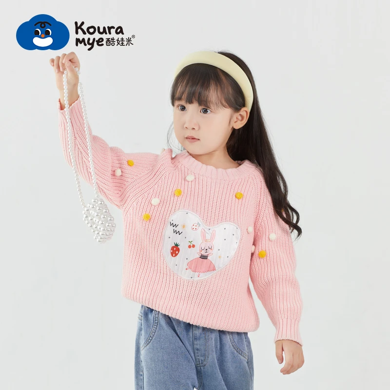 酷娃米秋款大上新中小女童时尚爱心小兔毛球圆领儿童针织衣4426