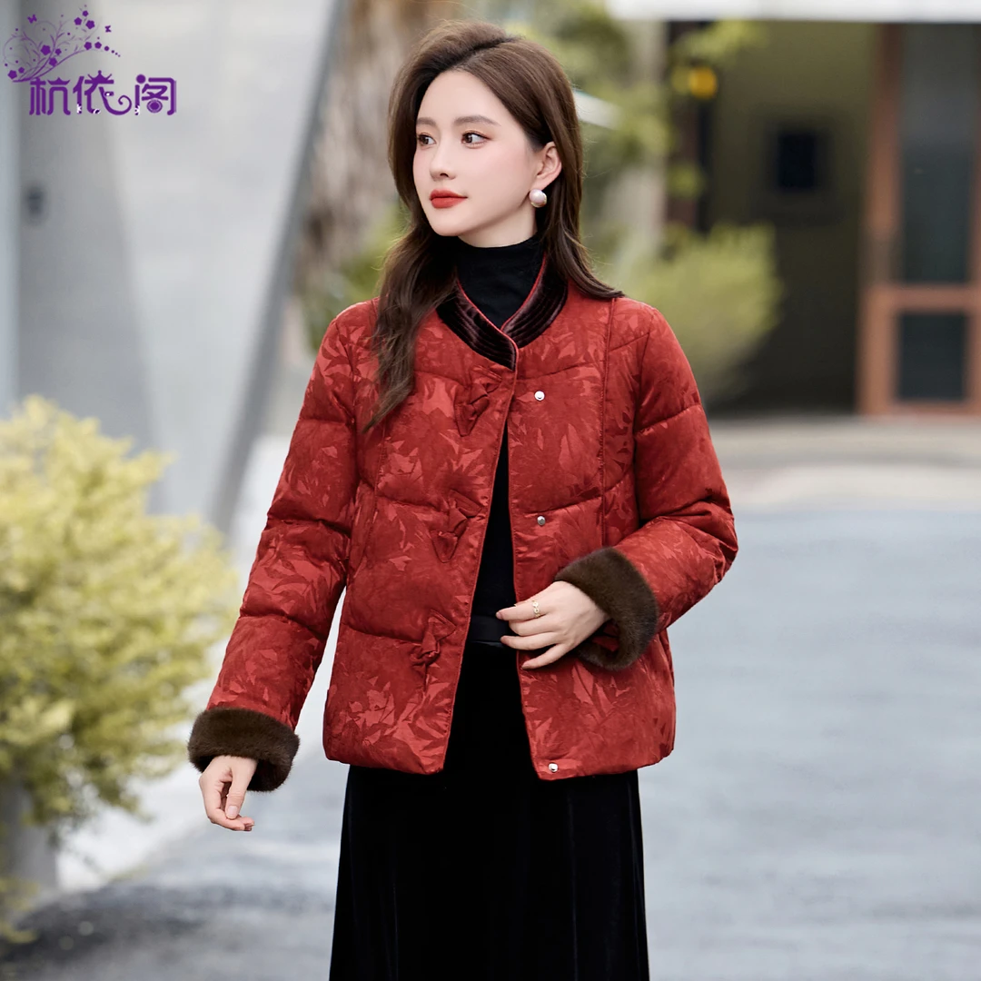 新中式国风红色棉服女冬2025新款小个子洋气提花保暖夹棉外套棉袄