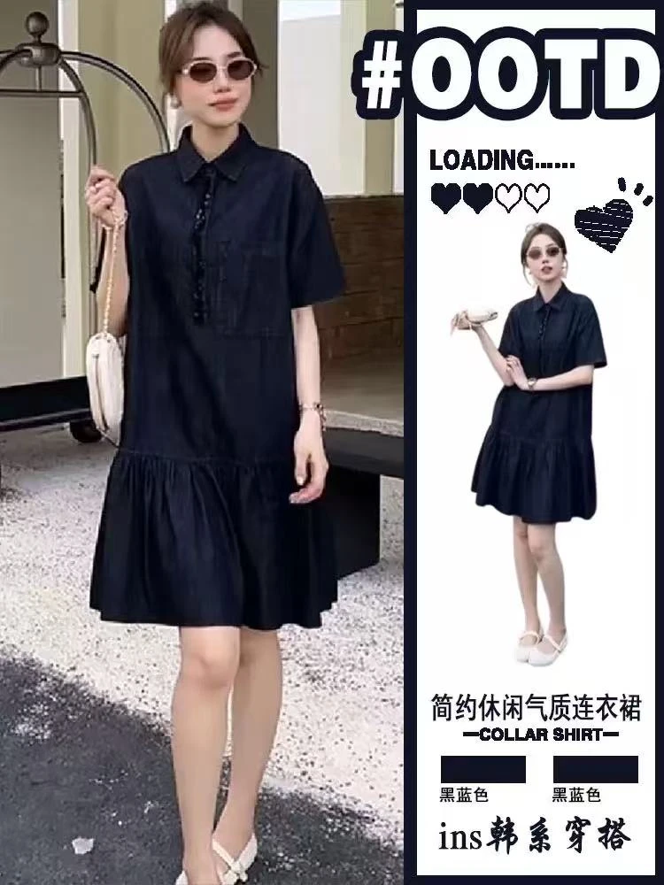 欧货工装短袖牛仔连衣裙女夏2025新款Polo领衬衫裙显瘦百搭中长裙