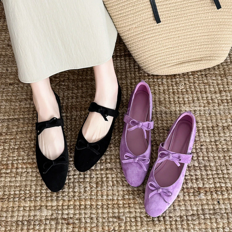 法式芭蕾单鞋女2025夏季小个子浅口内增高紫色蝴蝶结玛丽珍