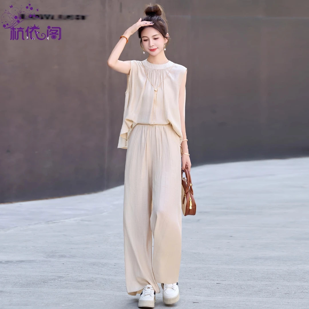 无袖上衣阔腿裤两件套装女夏2025新款气质时尚休闲洋气减龄一整套