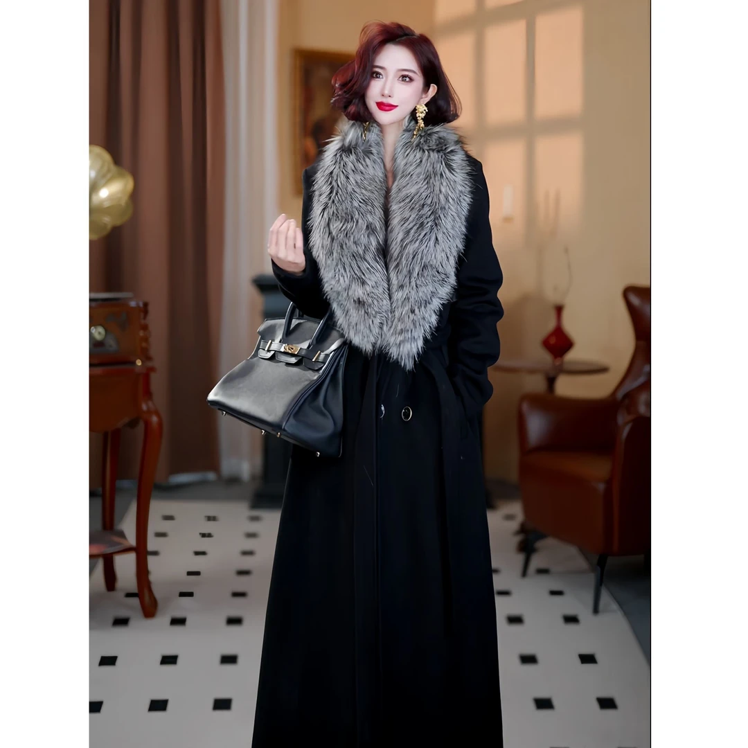 【大晶定制】冬款[芬兰银狐毛领]山羊绒蚕丝气质浴袍款系带大衣