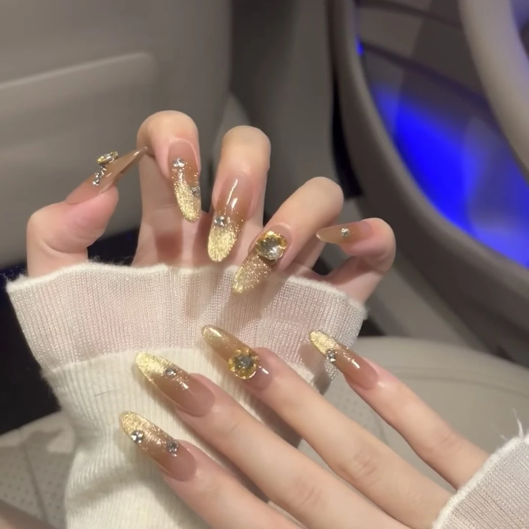 香槟金猫眼手工穿戴甲长款闪钻爆闪美甲高级显白富家千金假指甲片
