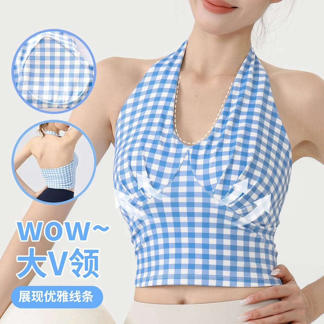 V领格纹印花挂脖瑜伽背心修身短款辣妹外穿吊带跑步健身运动内衣