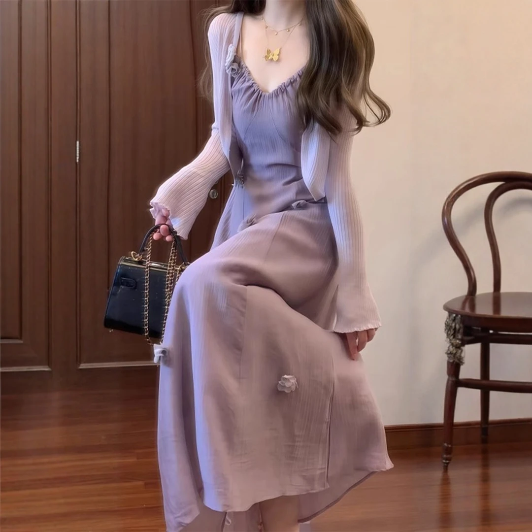 2025秋季新款穿搭防晒开衫吊带裙套装优雅气质收腰显瘦紫色连衣裙