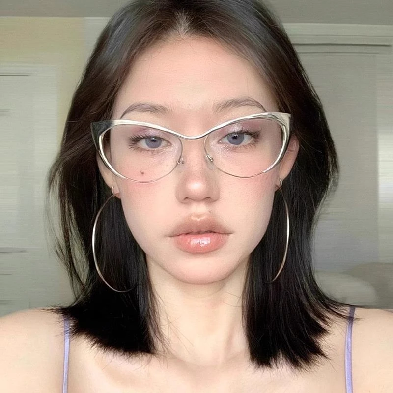 复古金属猫眼眼镜女可配近视度数y2k欧美素颜显脸小银框眼睛架潮