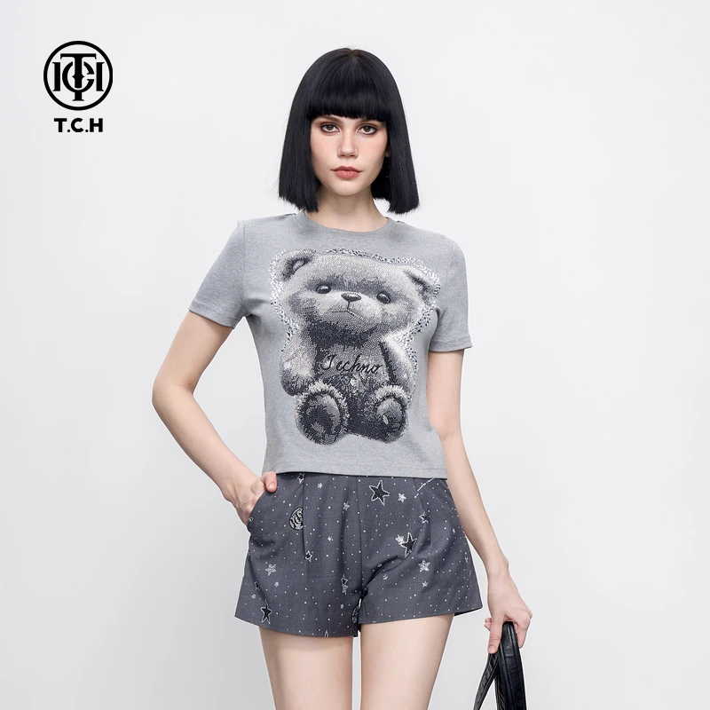 TCH服饰店-潮牌小熊烫钻短款修身显瘦正肩短袖T恤女T75B106087