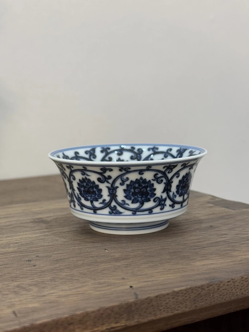 镇坤堂柴窑青花 苏料 缠枝莲纹 马蹄杯 主人杯手工手绘陶瓷茶具