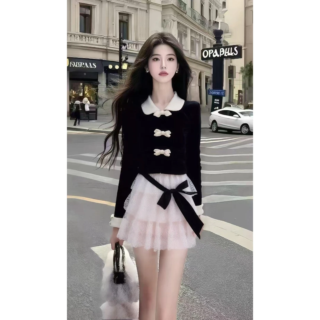 韩版小众时尚ins风黑色翻领长袖修身上衣+白色百搭半身裙两件套