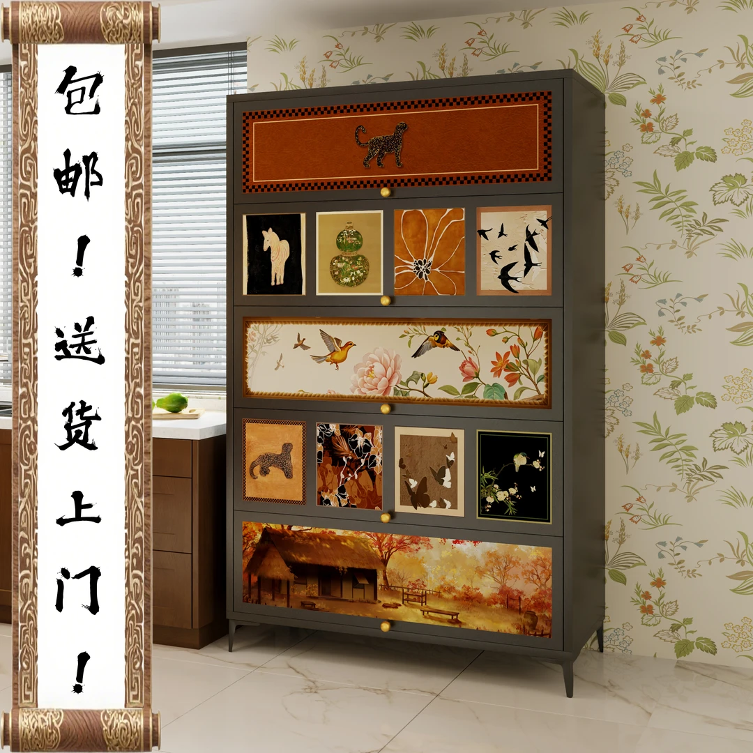 中古风橱柜落地厨房置物架复古可定制卧室钢制储物收纳柜一体柜子