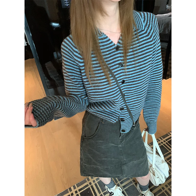 【Littledry不油】秋冬休闲条纹羊毛针织衫上衣外套短款开衫毛衣女